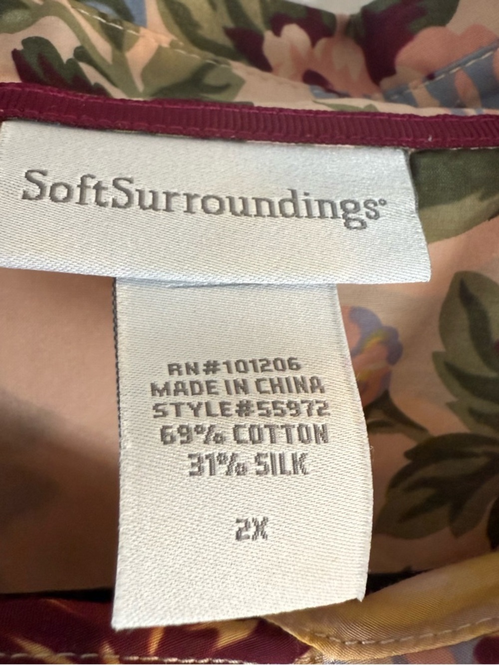 Soft Surroundings Peach Floral Tunic with Burgundy Trim size: 2X - Picture 7 of 13